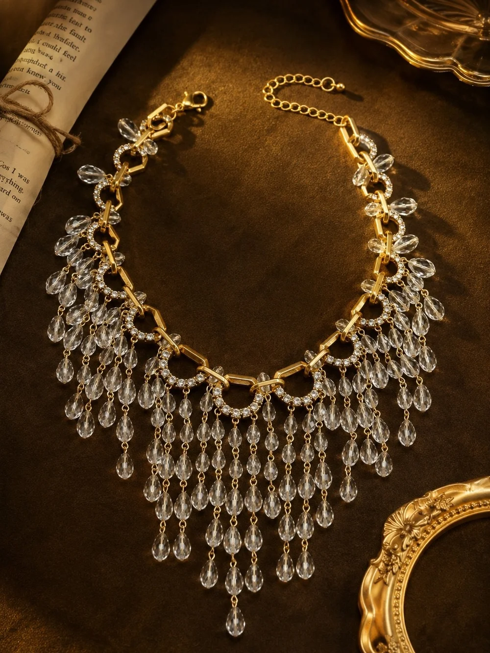 Statement Gold Necklace with Clear Crystal Fringe - Women's Jewelry